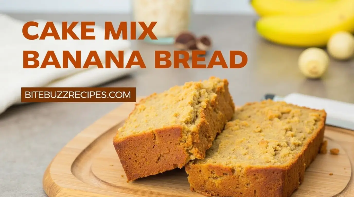 Golden brown cake mix banana bread sliced on a wooden cutting board with bananas, nuts, and baking tools in the background.