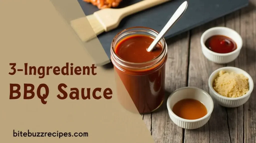 Homemade 3 ingredient BBQ sauce in a jar, with bowls of ketchup, brown sugar, and apple cider vinegar on a rustic wooden table.