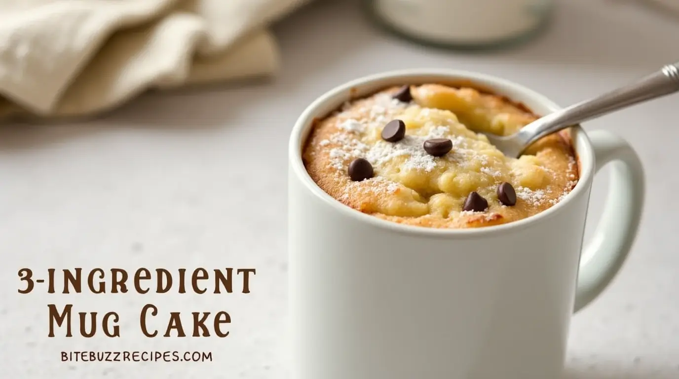 A simple 3 ingredient mug cake in a white mug, garnished with powdered sugar and chocolate chips, on a minimalist kitchen counter.