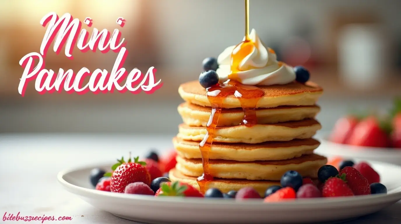 Mini Pancakes: 5 Easy Recipes for a Sweet Morning Treat 1 A delicious stack of mini pancakes topped with maple syrup, whipped cream, and fresh berries, set in a cozy kitchen environment.
