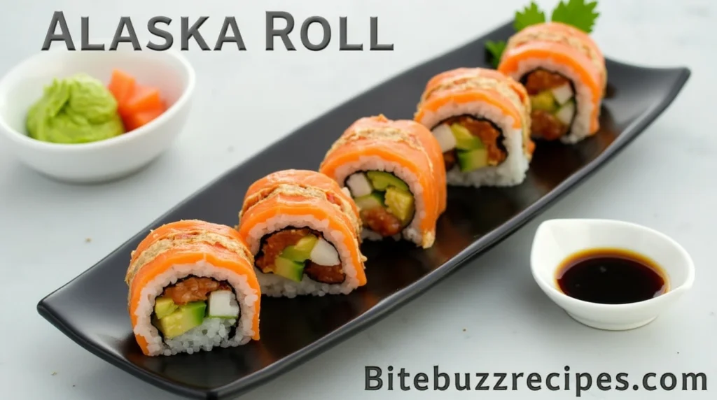 Alaska Roll Recipe: 5 Secrets to Making the Perfect Sushi at Home 1 A close-up of Alaska Roll sushi with salmon, avocado, and crab, served with wasabi and pickled ginger.