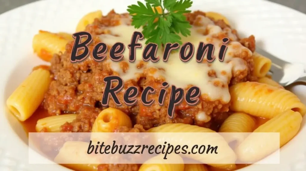 Homemade Beefaroni with ground beef, elbow macaroni, tomato sauce, and melted cheese.