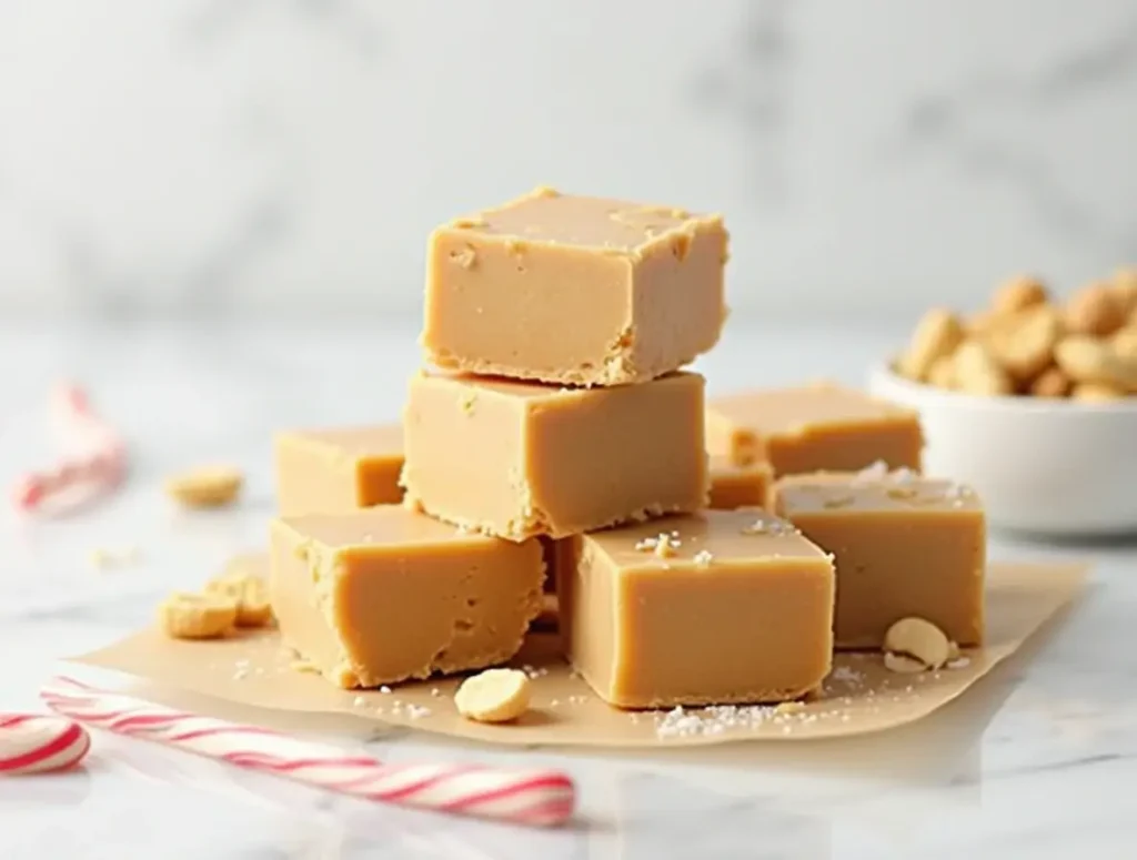 Quick 3 Ingredient Peanut Butter Fudge Recipe – Easy & Delicious 3 Perfect 3 Ingredient Peanut Butter Fudge squares on a wooden board with peanut butter and powdered sugar in the background.