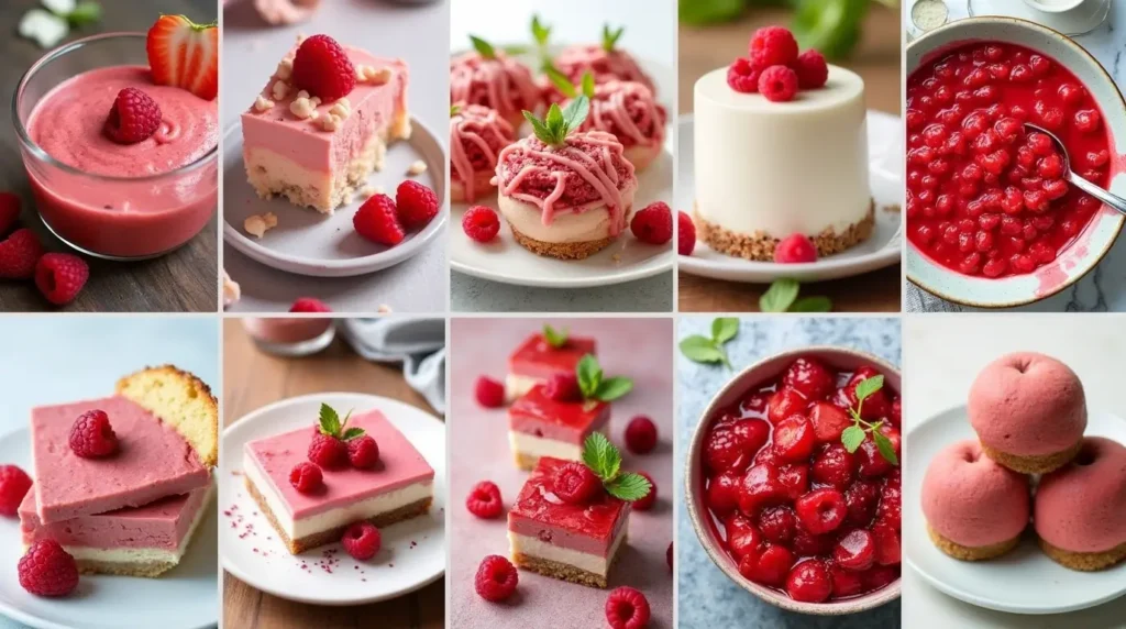 How to Make the Perfect Raspberry Puree with This Easy Recipe 3 A colorful assortment of dishes made with raspberry puree, including cheesecake, salad, and desserts, arranged on a rustic wooden table.