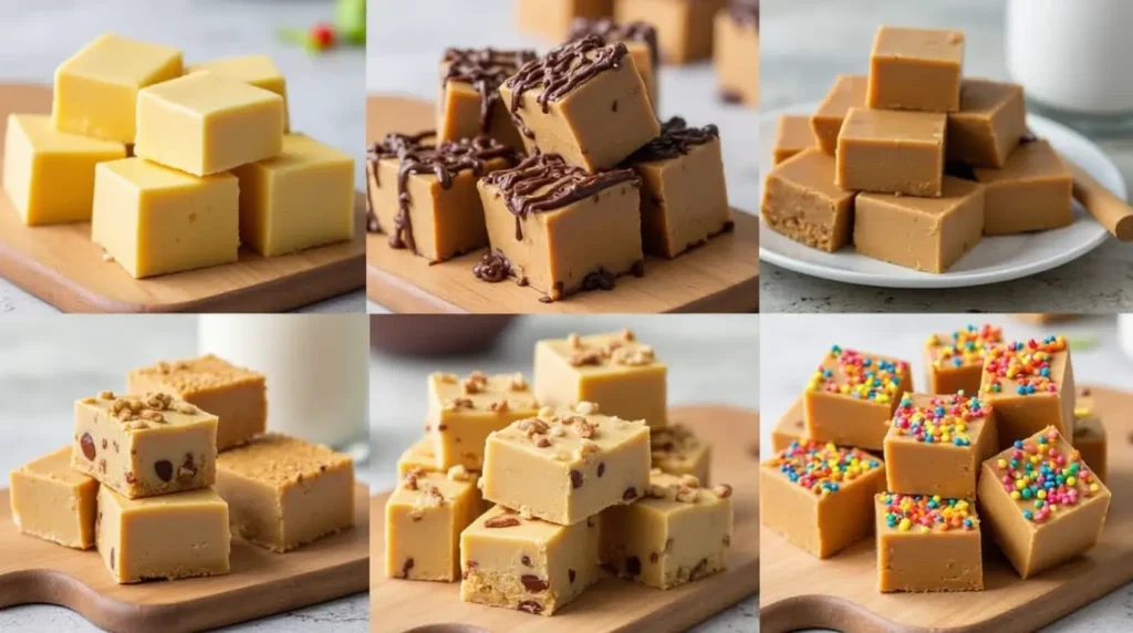 Quick 3 Ingredient Peanut Butter Fudge Recipe – Easy & Delicious 4 Assorted variations of 3 Ingredient Peanut Butter Fudge featuring chocolate drizzle, nuts, and sprinkles on a wooden board.