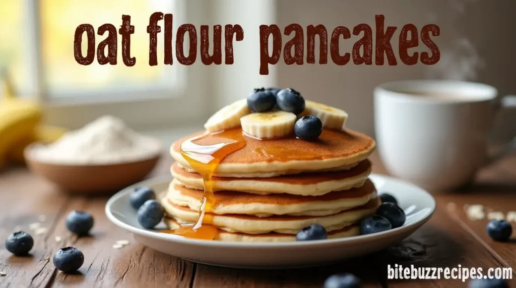 A stack of oat flour pancakes topped with blueberries, banana slices, and maple syrup, served on a plate with a cozy breakfast setting in the background.