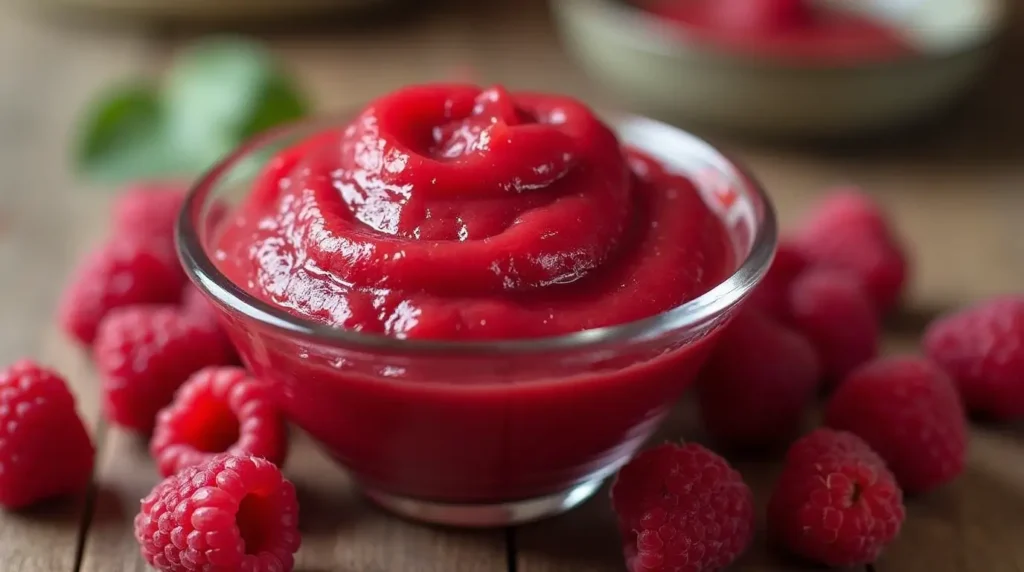 How to Make the Perfect Raspberry Puree with This Easy Recipe 4 A bowl of bright red raspberry puree with fresh raspberries and mint leaves on a wooden table
