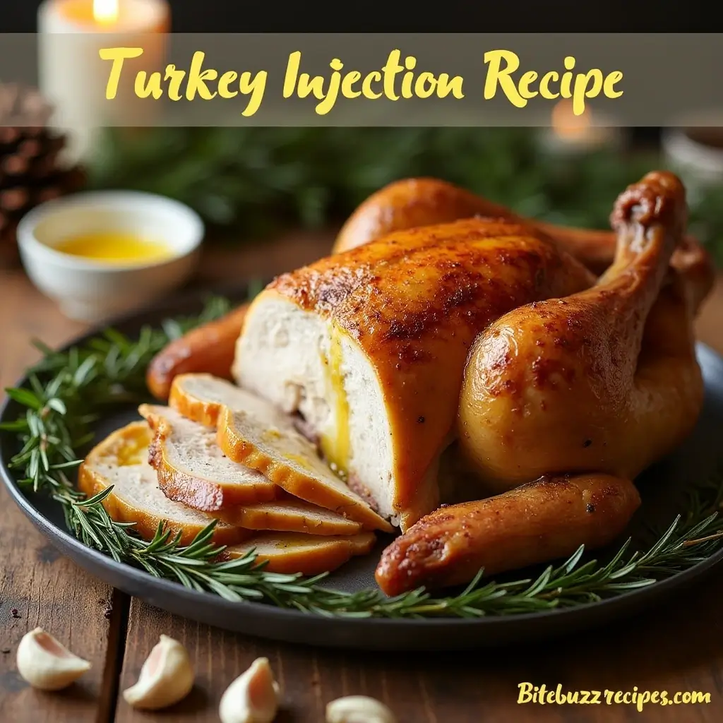 Quick and Easy Turkey Injection Recipe to Enhance Your Holiday 1 A golden-brown roasted turkey being injected with a buttery marinade, surrounded by fresh herbs and holiday decor.
