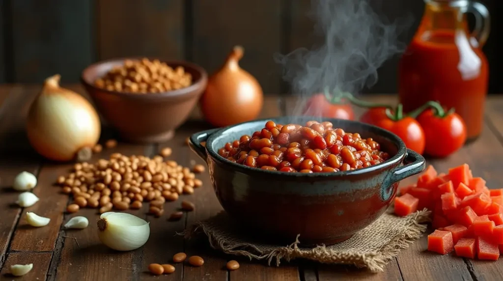 Why Smoked Baked Beans Are the Ultimate Recipe You’ll Love 2 Smoked baked beans ingredients displayed on a wooden table, including dry beans, molasses, brown sugar, smoked paprika, onions, garlic, tomatoes, and barbecue sauce.