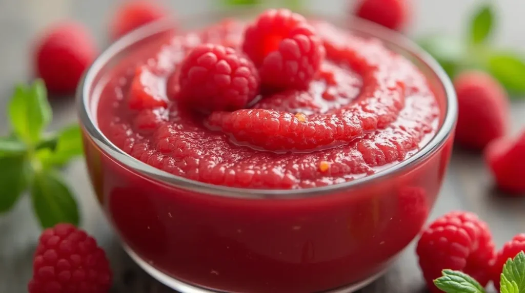 How to Make the Perfect Raspberry Puree with This Easy Recipe 2 A bowl of smooth raspberry puree surrounded by fresh raspberries