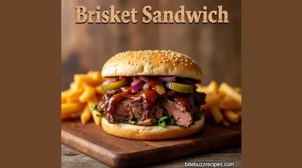 Brisket Sandwich Recipe: 4 Tips and Tricks to Make it Perfect 1 Close-up of a delicious brisket sandwich with smoked beef, pickles, onions, and BBQ sauce served with fries.