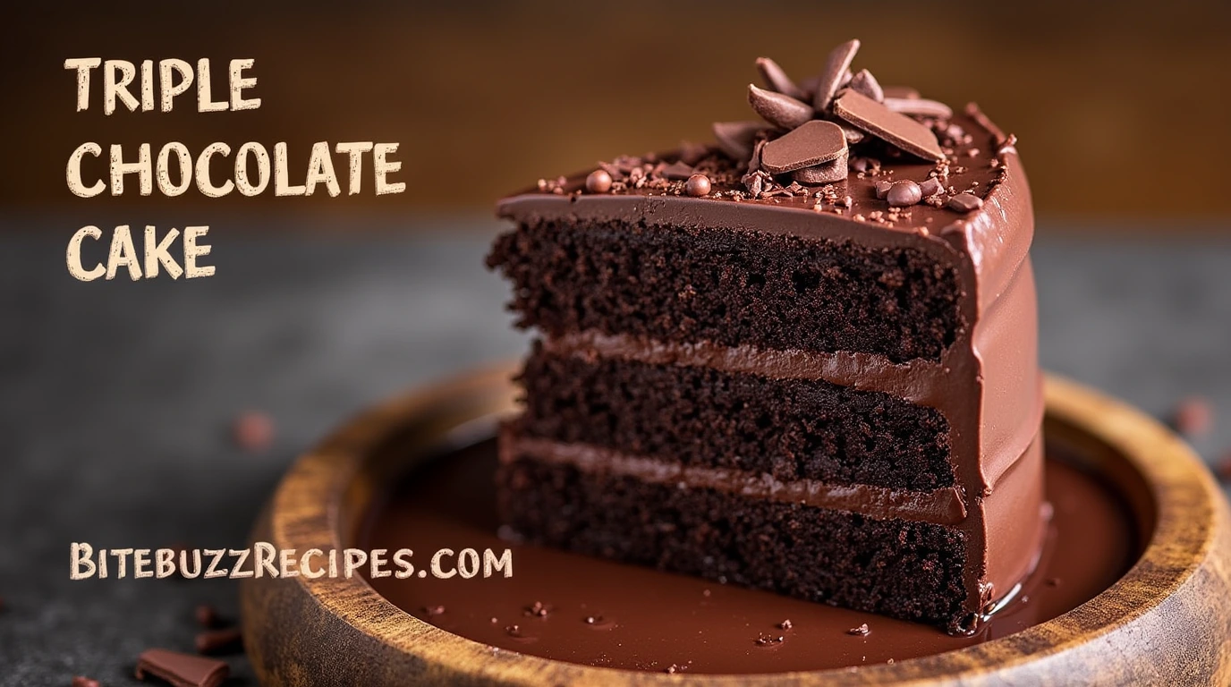 Triple chocolate cake with three layers of dark chocolate sponge and smooth chocolate ganache, topped with chocolate shavings.