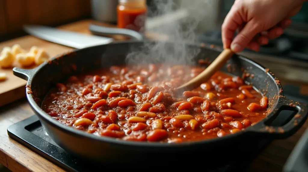 Why Smoked Baked Beans Are the Ultimate Recipe You’ll Love 3 Smoked baked beans being prepared in a cast-iron skillet, surrounded by ingredients like onions, garlic, and barbecue sauce on a rustic wooden countertop.