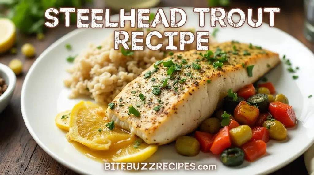 Steelhead trout recipe – a perfectly cooked steelhead trout fillet with lemon and fresh herbs, served with roasted vegetables.