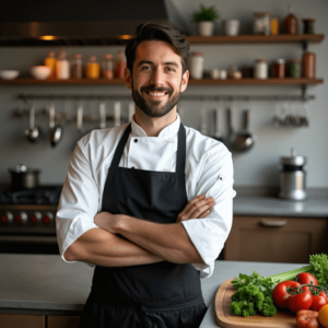 Chef Buzz, a charismatic culinary expert, stands in a vibrant kitchen, showcasing a variety of fresh ingredients and delicious dishes.