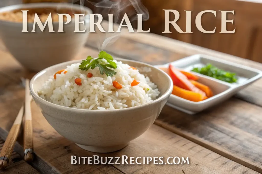 Fluffy Imperial Rice served in a ceramic bowl, garnished with fresh parsley, with steam rising and vibrant vegetables in the background.