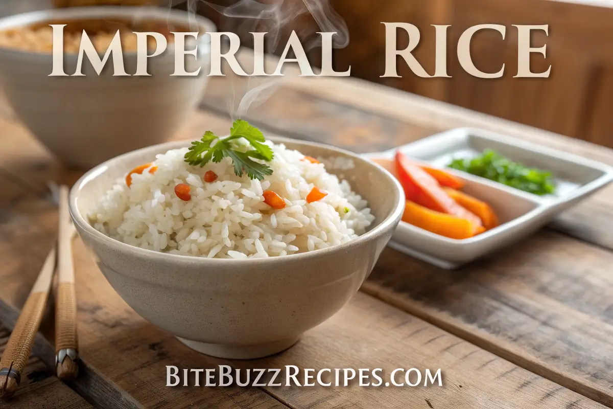 Imperial Rice Recipe: How to Cook The Best Like a Pro in 2025 1 Fluffy Imperial Rice served in a ceramic bowl, garnished with fresh parsley, with steam rising and vibrant vegetables in the background.