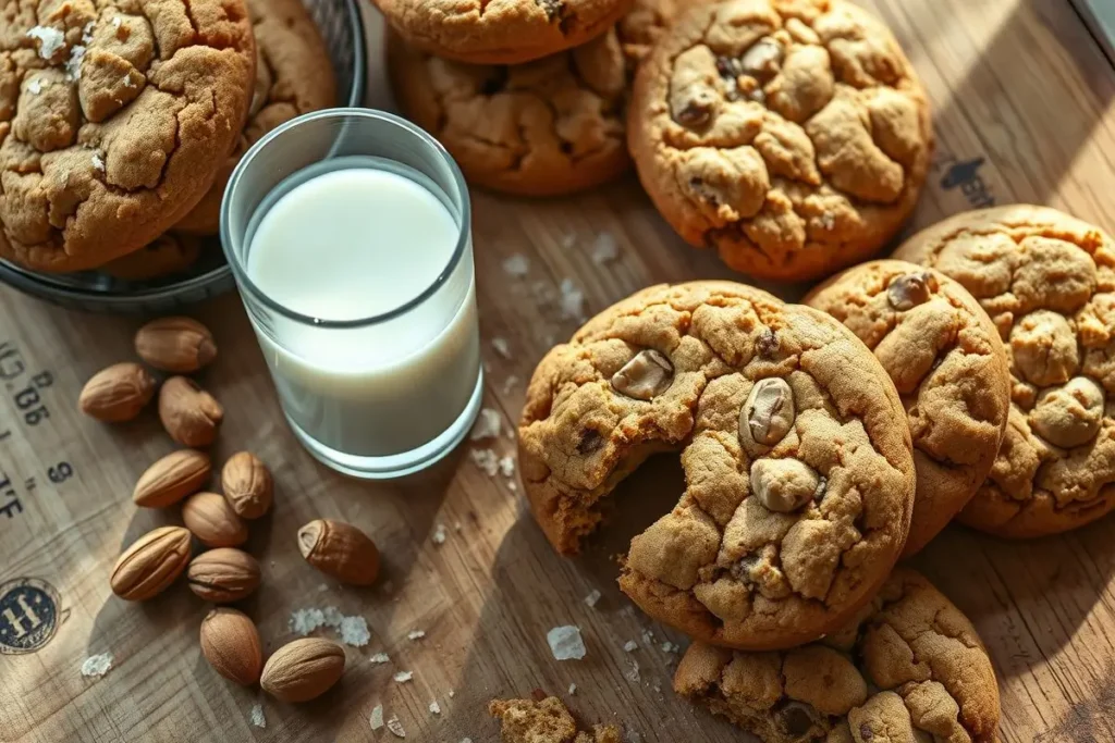 Protein Cookie Recipe: 4 Tips to Make It Perfect Every Time 4 A photo of a protein cookie broken in half, revealing a chewy interior, surrounded by a glass of milk, nuts, and sea salt on a wooden table.