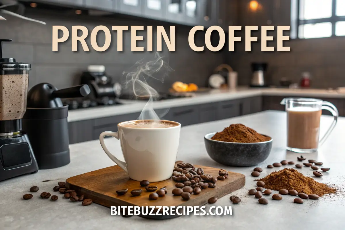 A cup of protein coffee with steam rising, surrounded by coffee beans, a scoop of protein powder, and a blender, set in a modern kitchen.