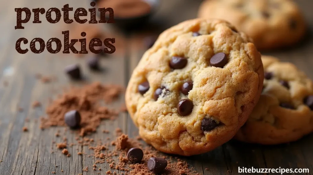 Protein cookie Recipe with chocolate chips on a wooden table surrounded by protein powder scoops.