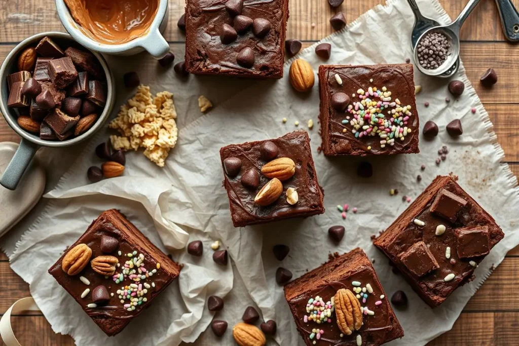 Homemade Brownie Batter Recipe: 3 Easy and Quick Tips 5 A photo of a brownie with assorted toppings on a wooden background