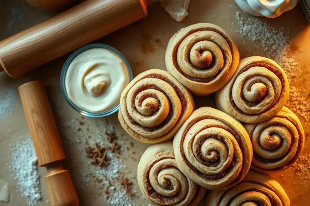 Protein Cinnamon Rolls: 5 Simple Steps for the Perfect Bake 5 A photorealistic image of a baking station with protein cinnamon rolls, frosting, and decorating tools