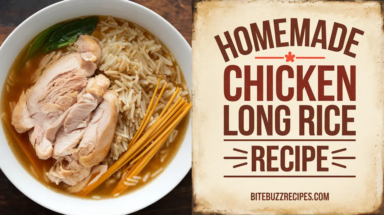 Homemade Chicken Long Rice Recipe with text on the right side, showcasing a flavorful serving of Chicken Long Rice.