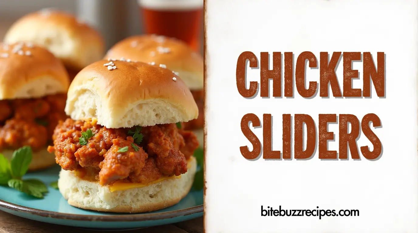 Chicken sliders with text on the side featuring 'Chicken Sliders' in bold, rustic font