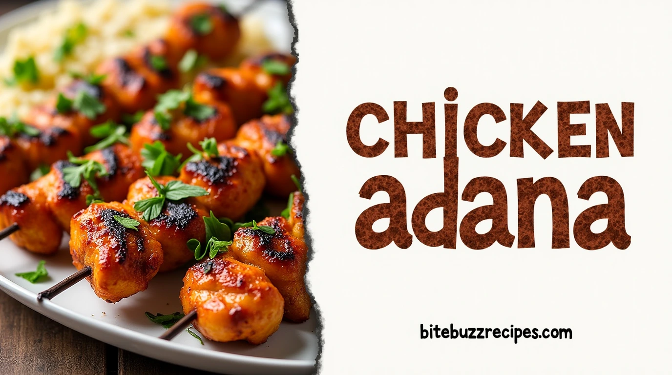 Delicious Chicken Adana served with rice and vegetables on one side, with text 'chicken adana' in bold, rustic lettering and the website 'bitebuzzrecipes.com' below.
