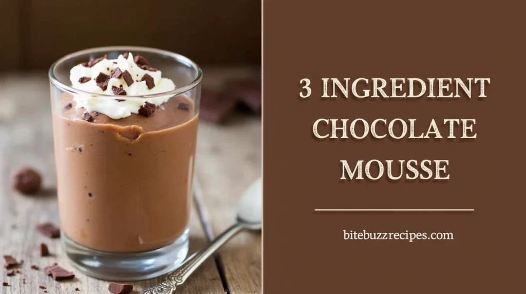 A decadent 3 ingredient chocolate mousse in a glass cup, topped with whipped cream and chocolate shavings.