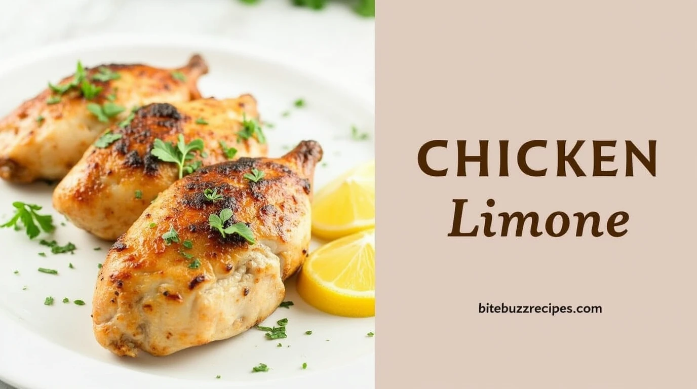 How to Make Chicken Limone for a Perfect Italian Dinner (30 Minute Meal) 1 Delicious Chicken Limone dish with lemon slices and herbs, with text on the right side.