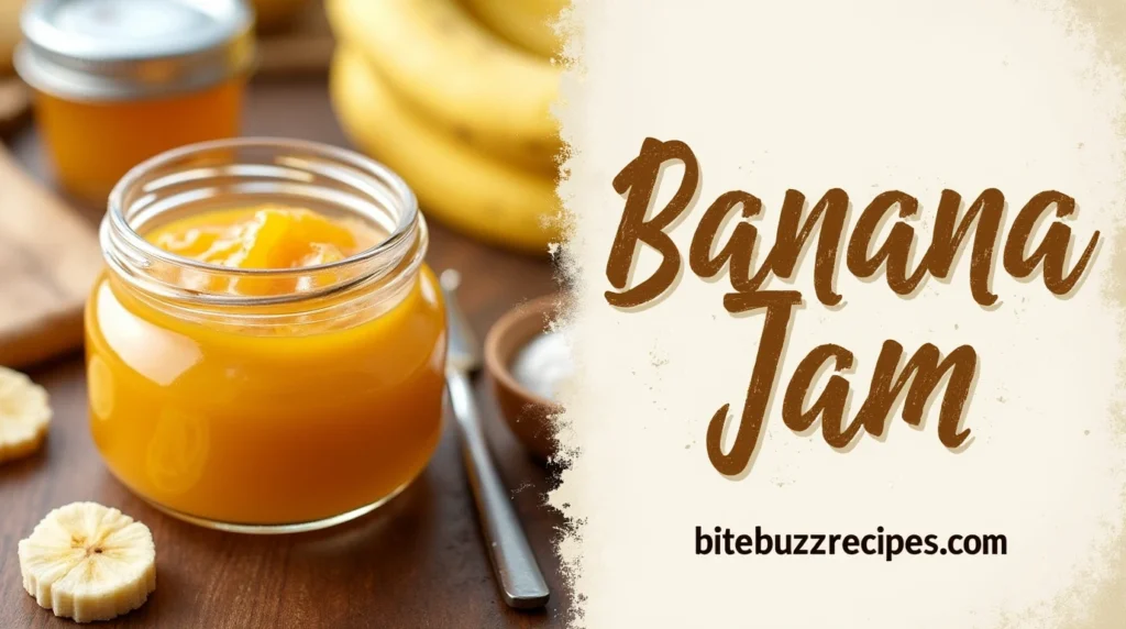 Image of a banana jam recipe with the title "Banana Jam" in bold, rustic lettering and the website name 'bitebuzzrecipes.com' beneath it.