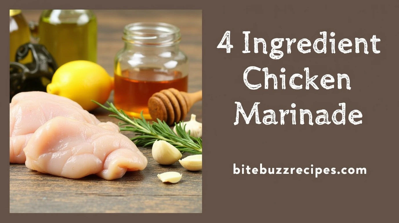 A visually divided image showing the ingredients for a 4 ingredient chicken marinade on the left, and the recipe text along with a website name on the right side.