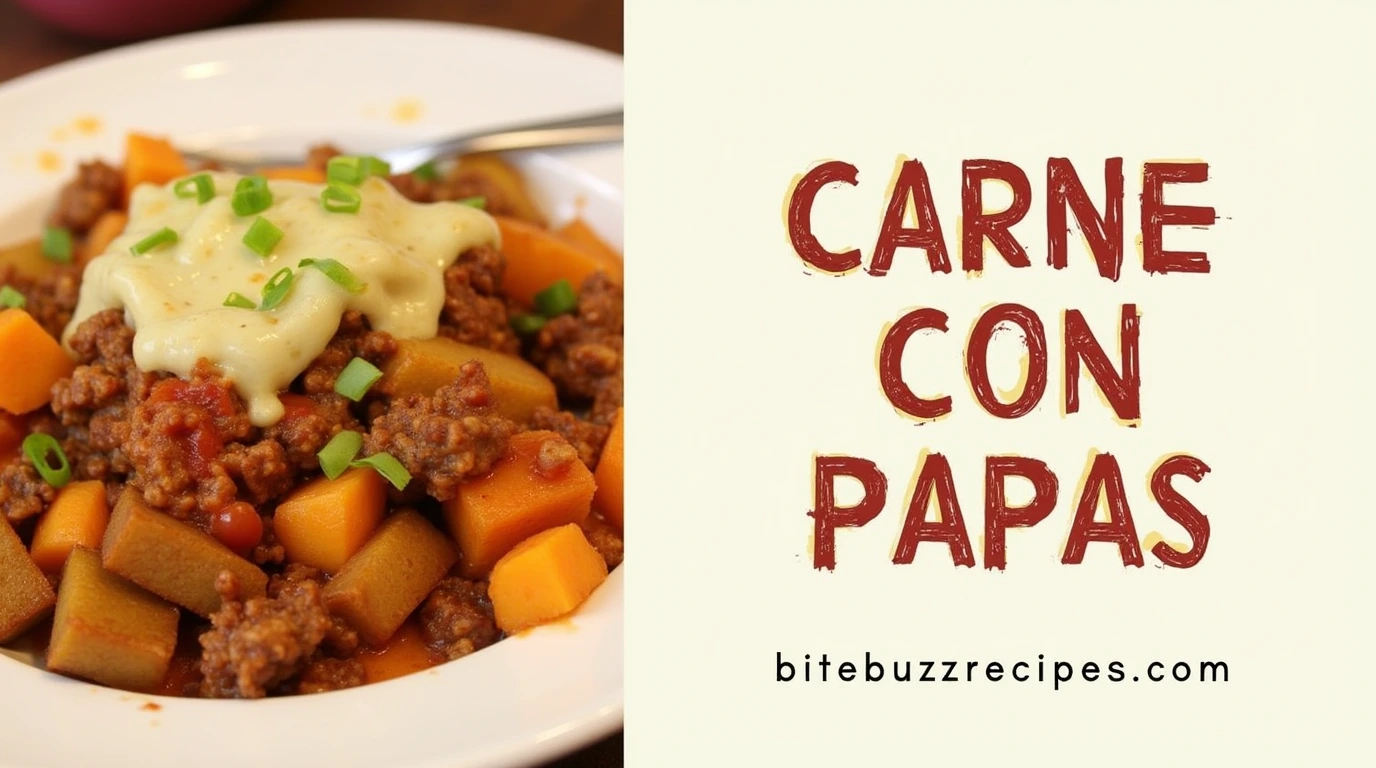 Delicious Carne Con Papas with vibrant colors and bold, rustic lettering. Recipe and website displayed