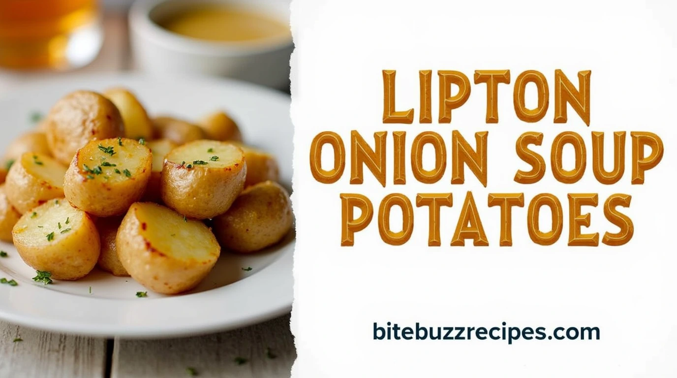 5 Amazing Ways to Make Lipton Onion Soup Potatoes β A Recipe You Have to Try! 1 Delicious Lipton Onion Soup Potatoes with bold, rustic text and the website 'bitebuzzrecipes.com.'