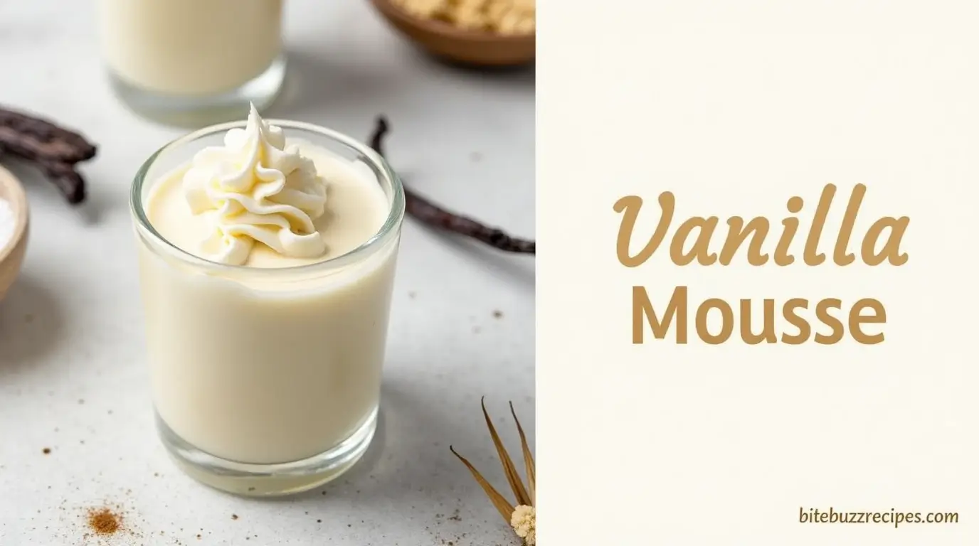 Vanilla Mousse Recipe: 5 Steps to Make the Best One for Sweet Treats 1 Delicious vanilla mousse served in a glass dish, with a rustic 'Vanilla Mousse' text and the website name 'bitebuzzrecipes.com' displayed on the side.