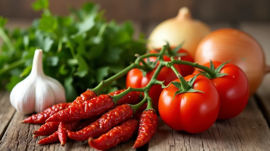 How to Make Perfect Salsa de Arbol at Home for Savory Recipes 2 Ingredients for Salsa de Arbol: dried árbol chilies, garlic, tomatoes, and onions on a wooden surface.