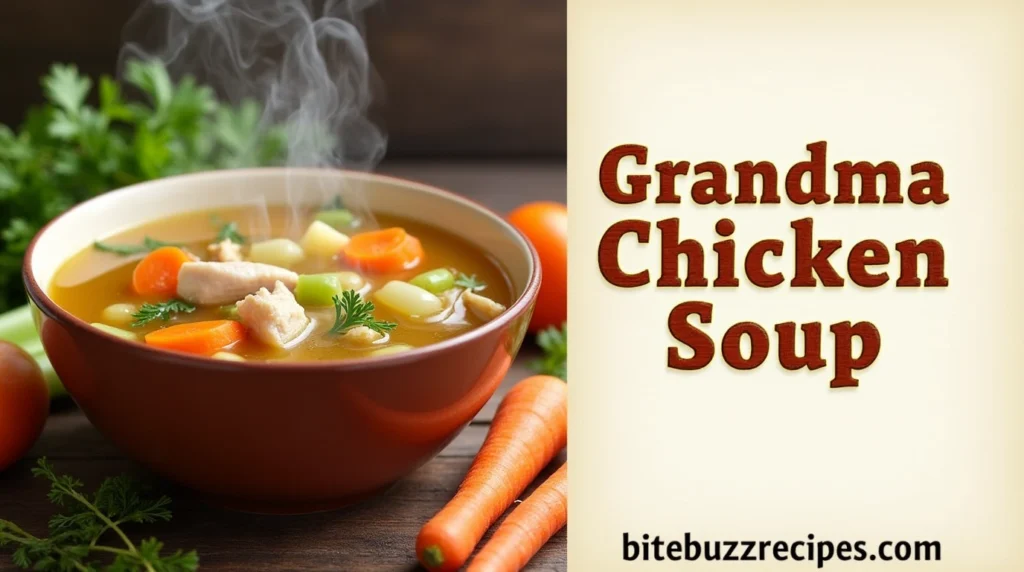 How to Cook the Heartwarming Grandma Chicken Soup Recipe in 30 Minutes 6 A split image featuring Grandma Chicken Soup recipe on one side and a bold text with 'Grandma Chicken Soup' on the other.