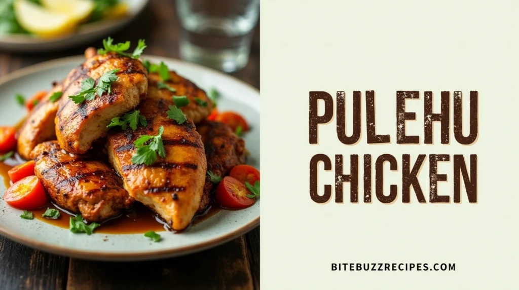 Grilled Pulehu Chicken with rustic lettering and website name displayed.