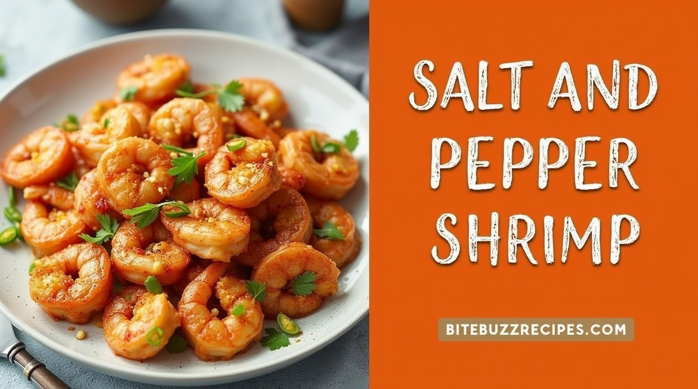 How to Make The Best Salt and Pepper Shrimp in 20 Minutes or Less 1 A divided image featuring crispy salt and pepper shrimp on one side and bold rustic text 'Salt and Pepper Shrimp' on the other, with 'bitebuzzrecipes.com' displayed below in a clean font.