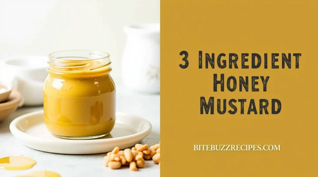 Delicious 3 Ingredient Honey Mustard with recipe on one side and text with '3 Ingredient Honey Mustard' and 'bitebuzzrecipes.com' on the other.