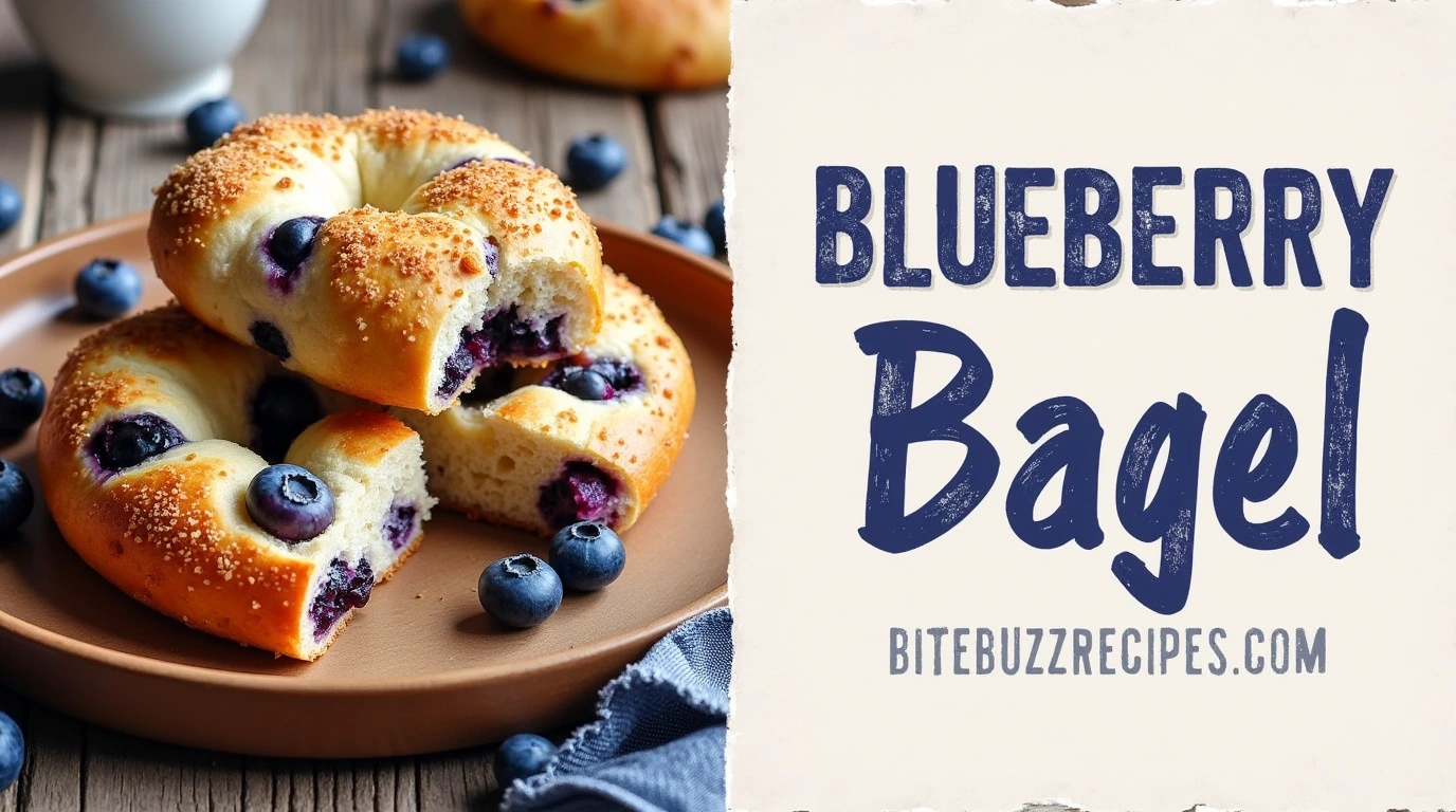 A vertical split image of a freshly baked blueberry bagel on one side and text on the other with the title "Blueberry Bagel" in bold, rustic font, and the website ‘bitebuzzrecipes.com’ below.