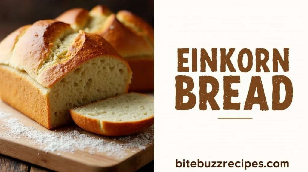 A freshly baked loaf of Einkorn bread on a wooden board, split-screen with bold, rustic typography displaying "Einkorn Bread Recipe" and website branding