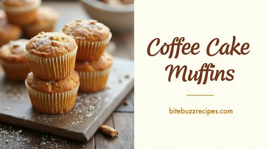 A visually appealing split image featuring Coffee Cake Muffins on one side and bold rustic text reading "Coffee Cake Muffins" on the other.