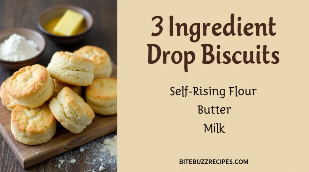 Golden-brown 3 Ingredient Drop Biscuits on a rustic wooden board, with a side of butter and honey