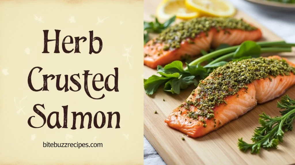 Herb Crusted Salmon Recipe: How to Make the Best One In 30 Minutes 5 An image showcasing herb-crusted salmon on one side and recipe-related text on the other. The salmon has a golden-brown crust made from herbs like parsley, dill, and thyme, served with lemon wedges and greens.