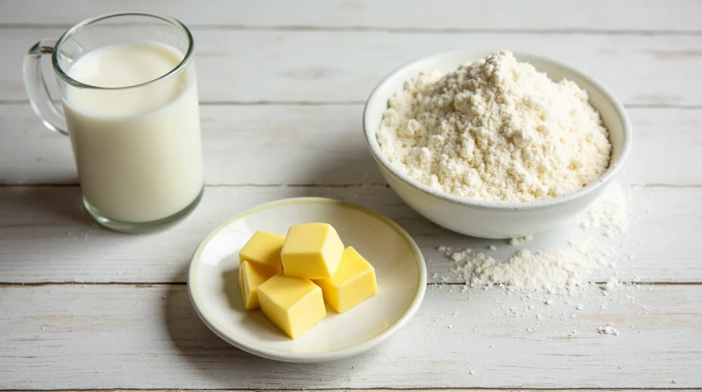 3 Ingredient Drop Biscuits: The Easiest and Tastiest Recipe You’ll Love 2 Flat-lay image of self-rising flour, cubed butter, and a glass of milk arranged on a rustic wooden surface with a dusting of flour.