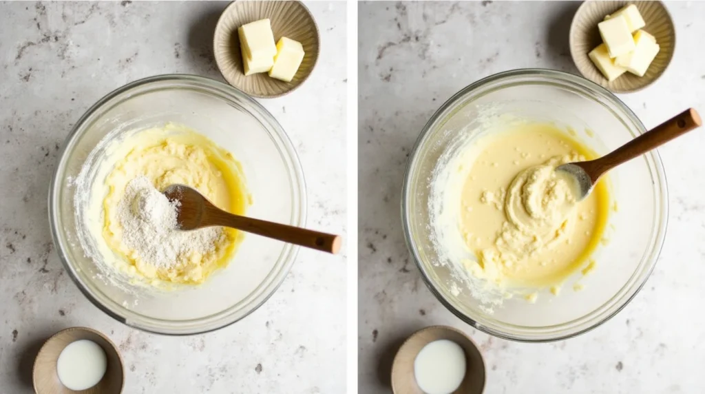 3 Ingredient Drop Biscuits: The Easiest and Tastiest Recipe You’ll Love 3 Mixing bowl with biscuit dough being stirred, surrounded by small bowls of self-rising flour, butter, and milk on a floured wooden surface.
