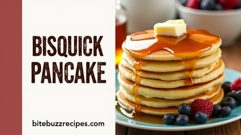 Golden Bisquick pancakes with butter and syrup, divided vertically with rustic text 'Bisquick Pancake' and the website 'bitebuzzrecipes.com' below.