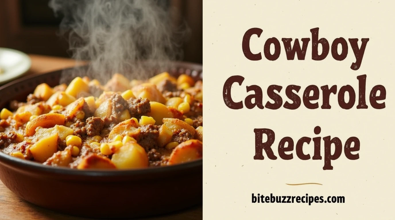 Cowboy Casserole Recipe with Tater Tots: 4 Easy Steps to Make the Best 1 A delicious Cowboy Casserole served in a rustic dish, with ingredients like ground beef, corn, cheese, and potatoes. Text on the right side: "Cowboy Casserole Recipe is written in bold, rustic lettering.